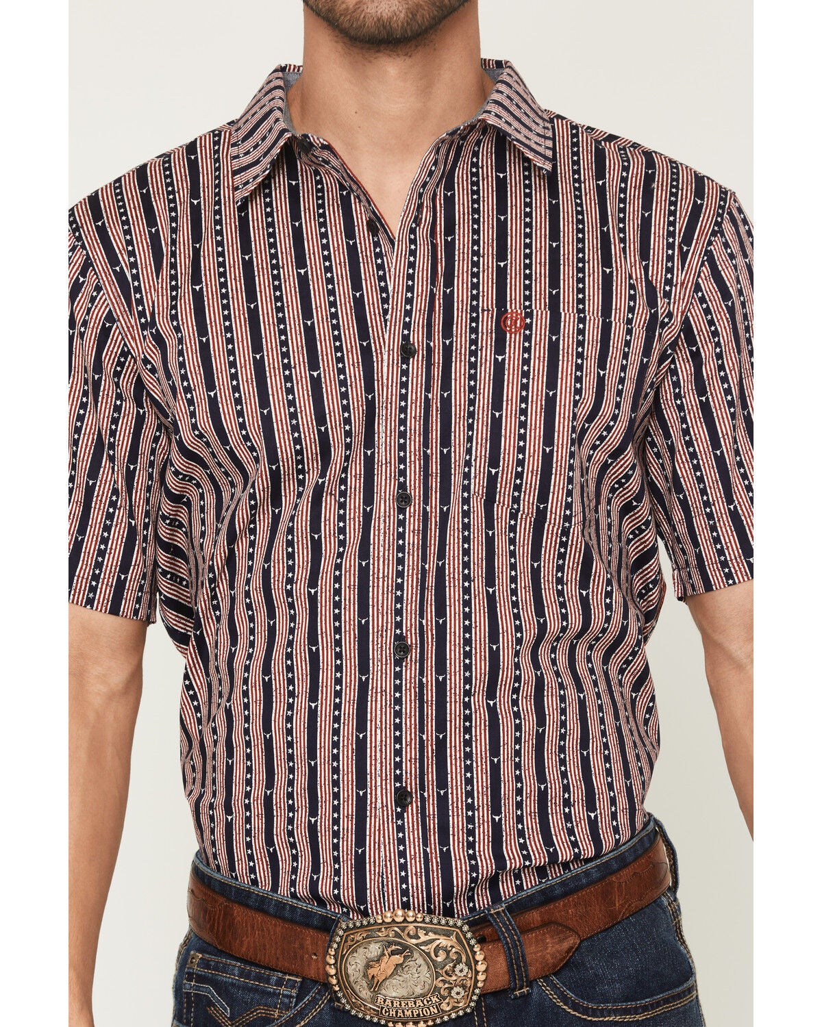 Image #3 - Cody James Men's Stripe Steerhead Short Sleeve Button-Down Stretch Western Shirt, Navy, hi-res