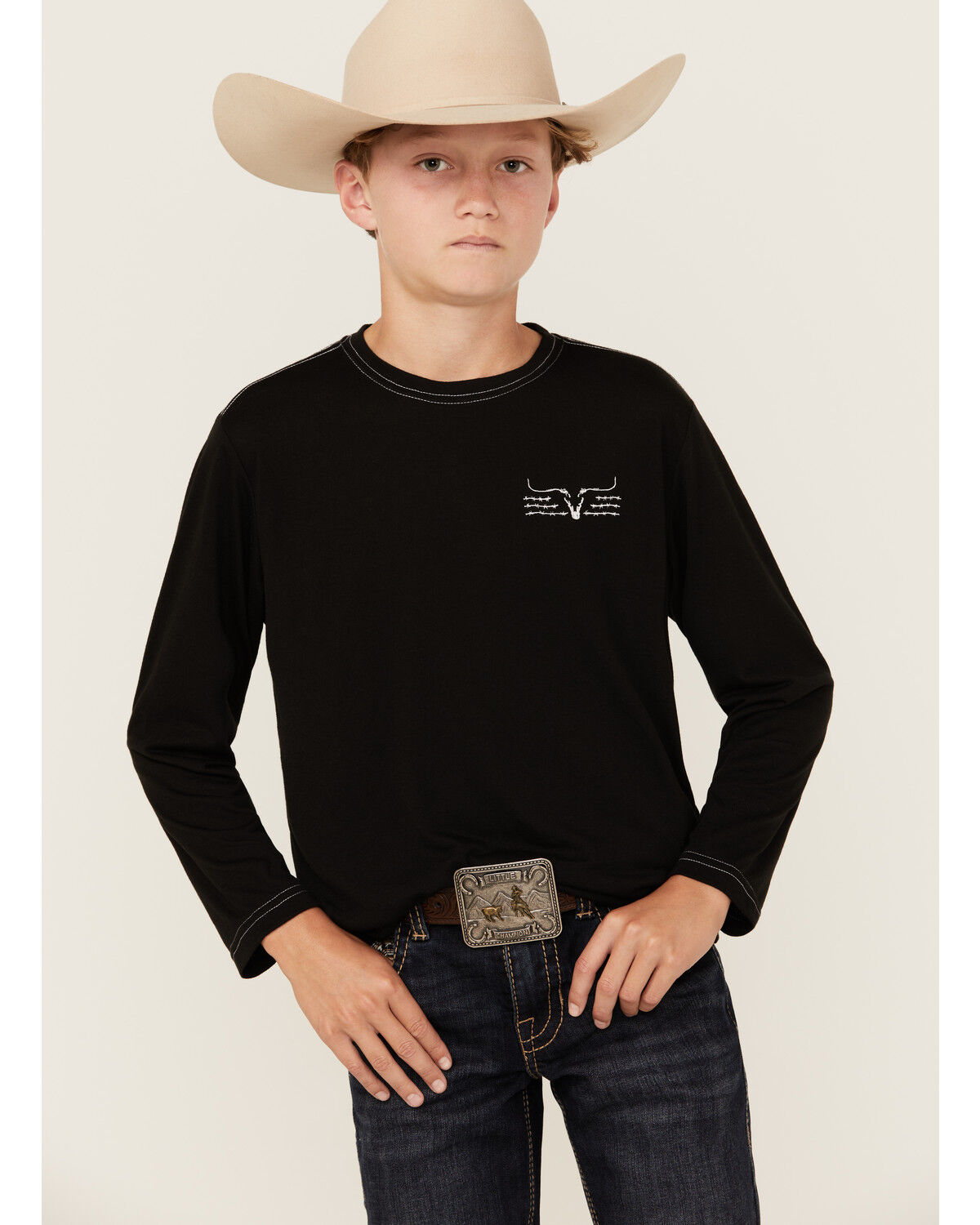 Image #1 - Cowboy Hardware Boys' Triple Barb Ghost Long Sleeve Graphic T-Shirt, Black, hi-res
