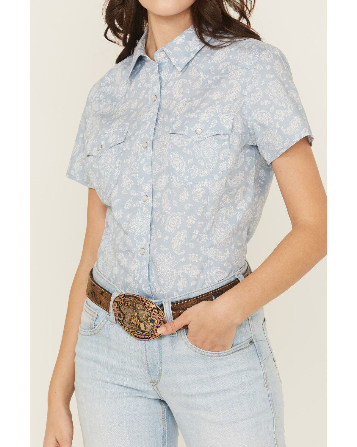 Image #3 - Wrangler Retro Women's Boot Barn Exclusive Paisley Print Short Sleeve Pearl Snap Western Shirt, Blue, hi-res