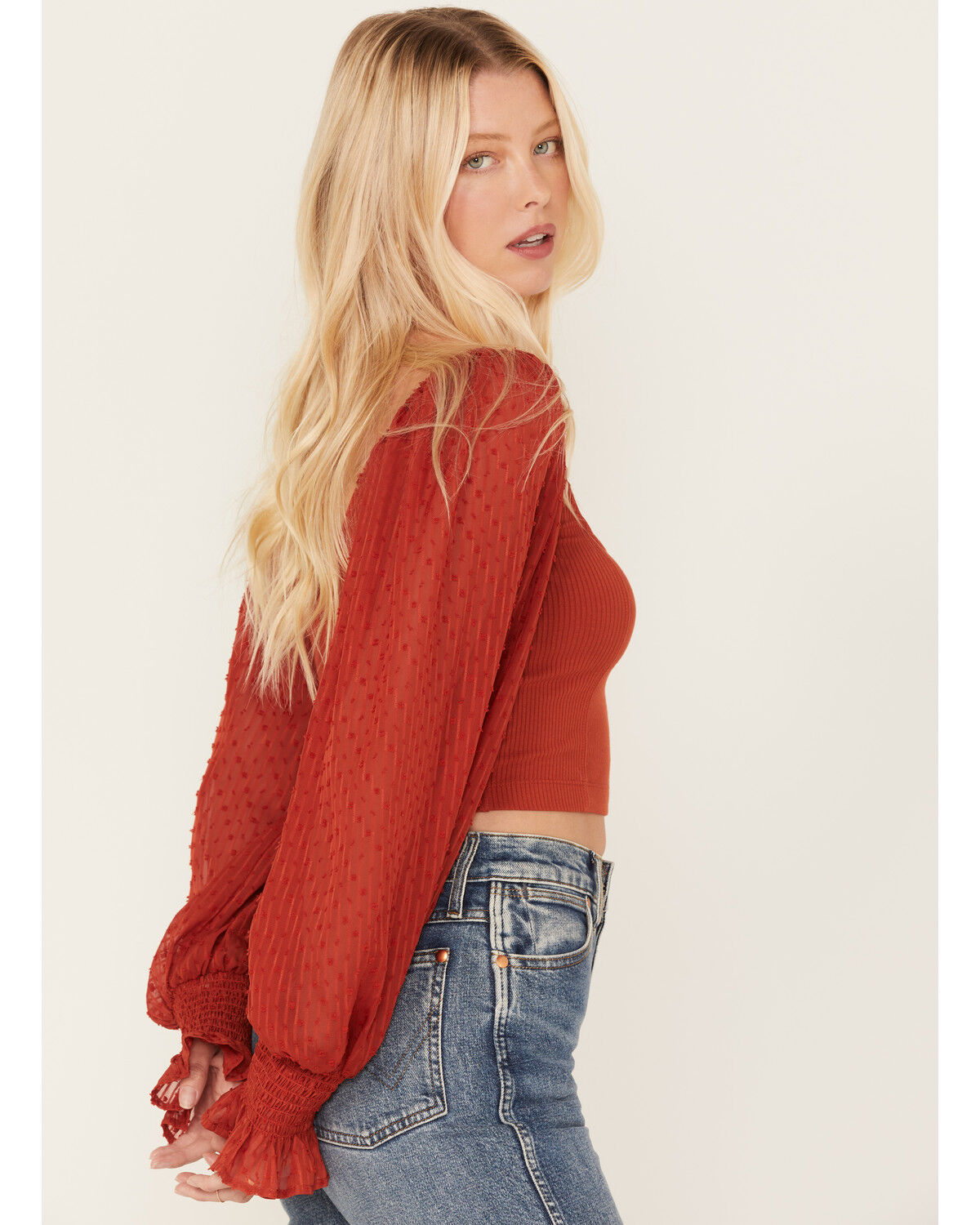 Image #2 - Beyond The Radar Women's Long Puff Sleeve Corset Blouse, Rust Copper, hi-res