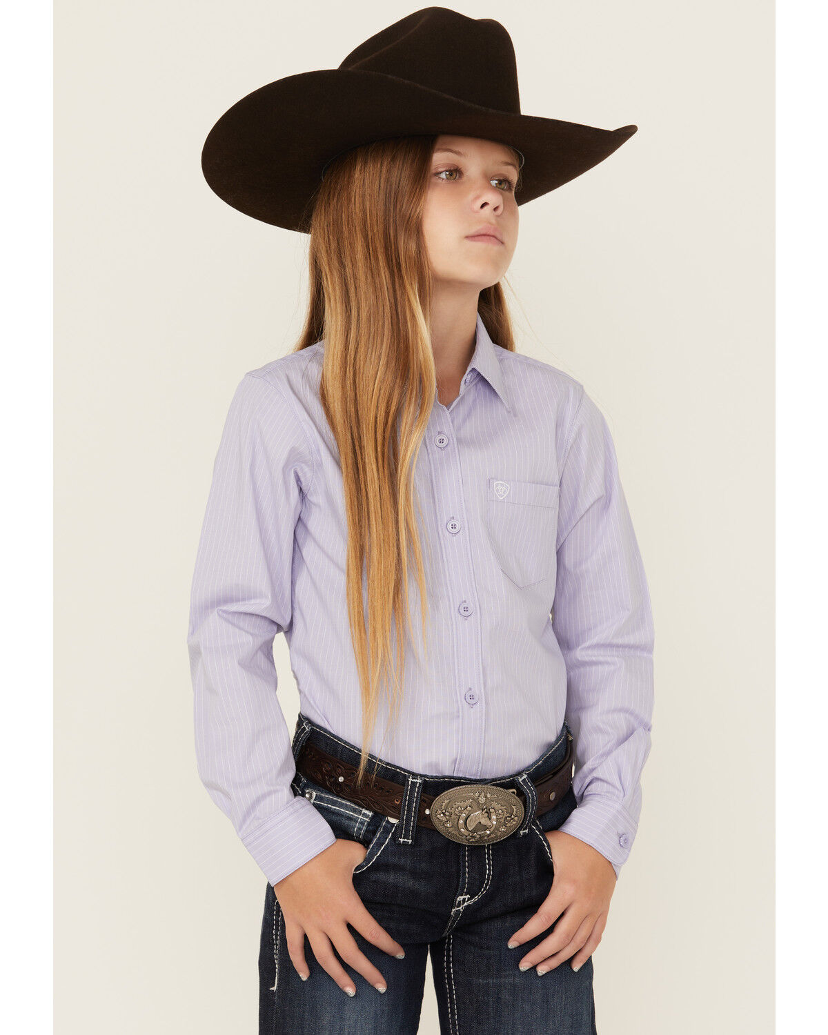 Image #1 - Ariat Girls' Striped Print Long Sleeve Button-Down Stretch Western Shirt, Lavender, hi-res