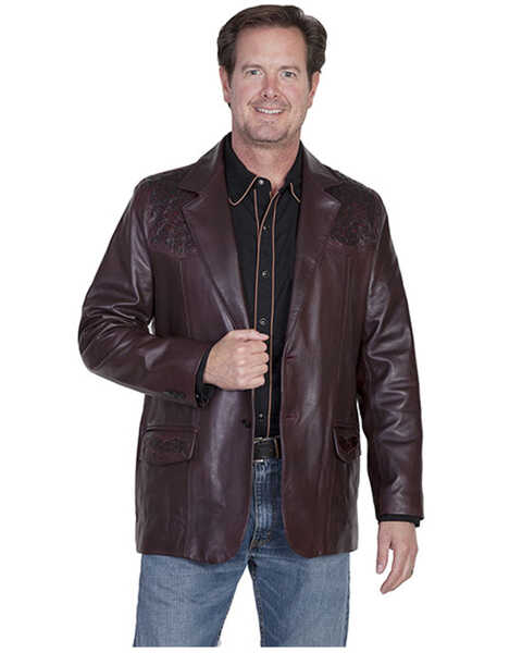 Image #1 - Scully Men's Ostrich Trim Leather Blazer, Black Cherry, hi-res