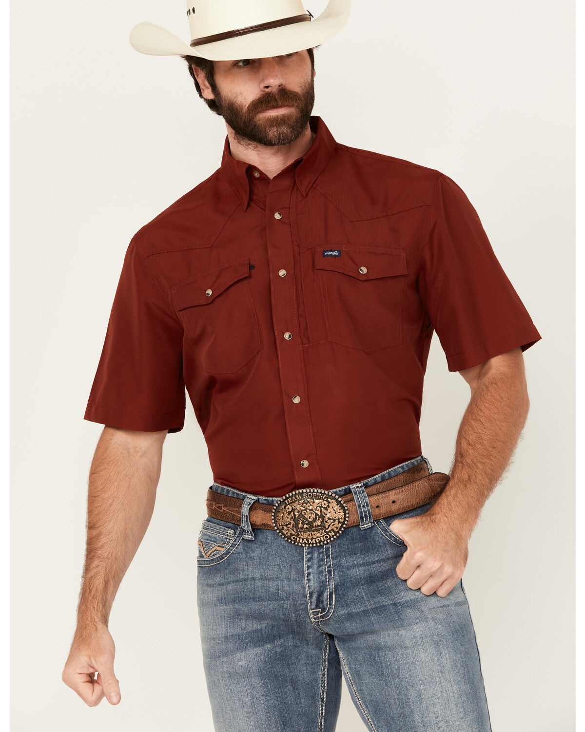 Image #1 - Wrangler Men's Solid Short Sleeve Snap Performance Western Shirt - Tall, Red, hi-res