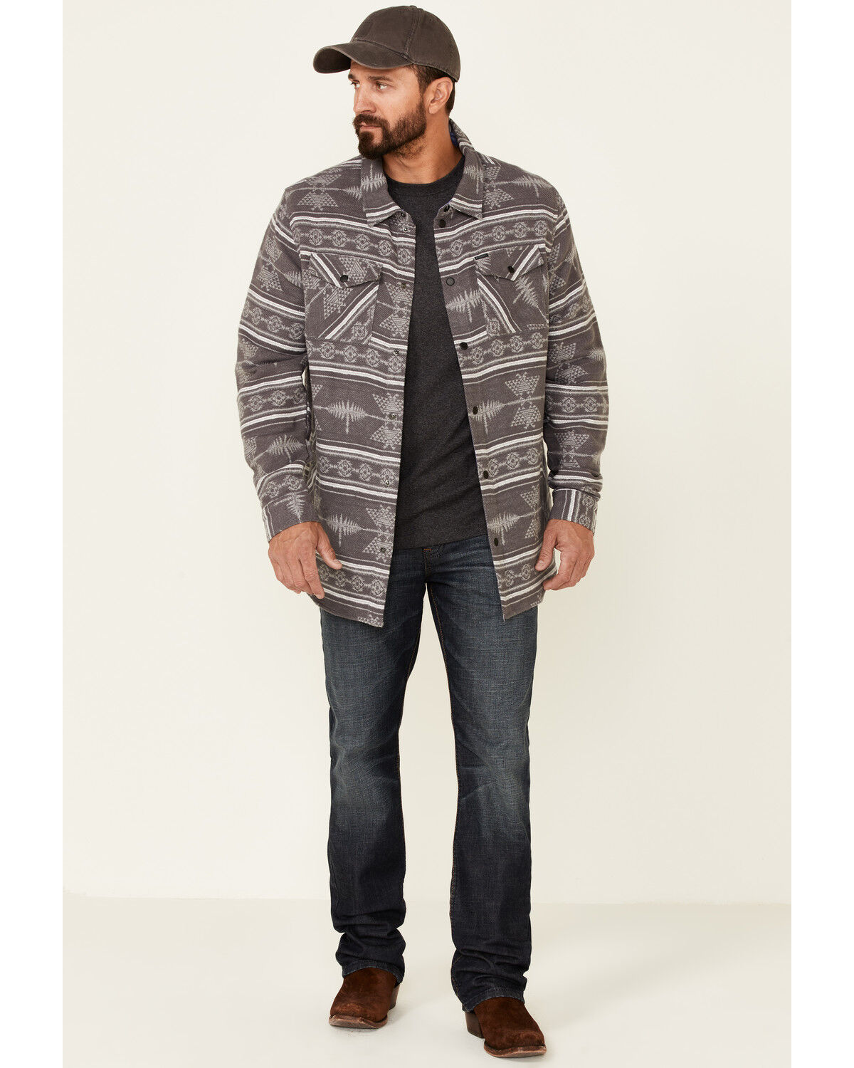 Image #2 - Rock & Roll Denim Men's Southwestern Jacquard Print Long Sleeve Button Down Shirt Jacket, Charcoal, hi-res