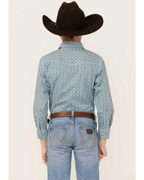 Image #4 - Wrangler Boys' Geo Print Long Sleeve Snap Comfort Western Shirt , Teal, hi-res