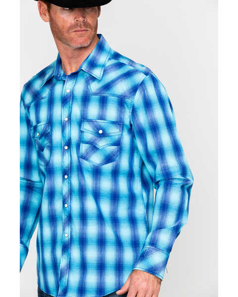 Image #5 - Rock & Roll Denim Men's Crinkle Washed Yarn Dye Plaid Long Sleeve Western Shirt , Blue, hi-res