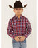 Wrangler Boys' Plaid Print Long Sleeve Western Pearl Snap Shirt, Red, hi-res