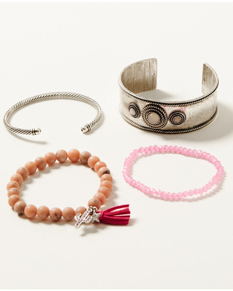 Prime Time Jewelry Women's Mixed Bead Cactus & Cuff Bracelet Set - 4-Piece, Pink, hi-res