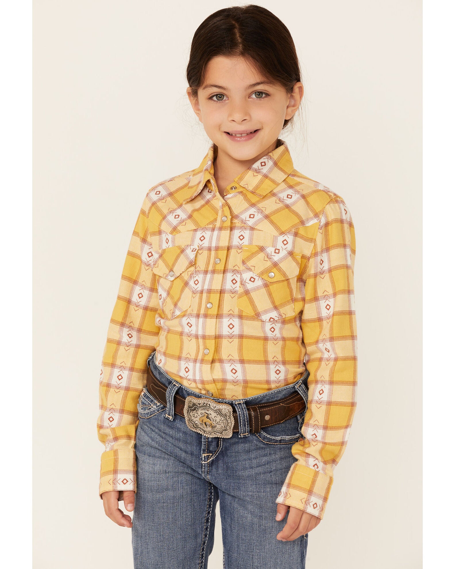 RANK 45 Girls' Southwestern Plaid Print Long Sleeve Pearl Snap Western