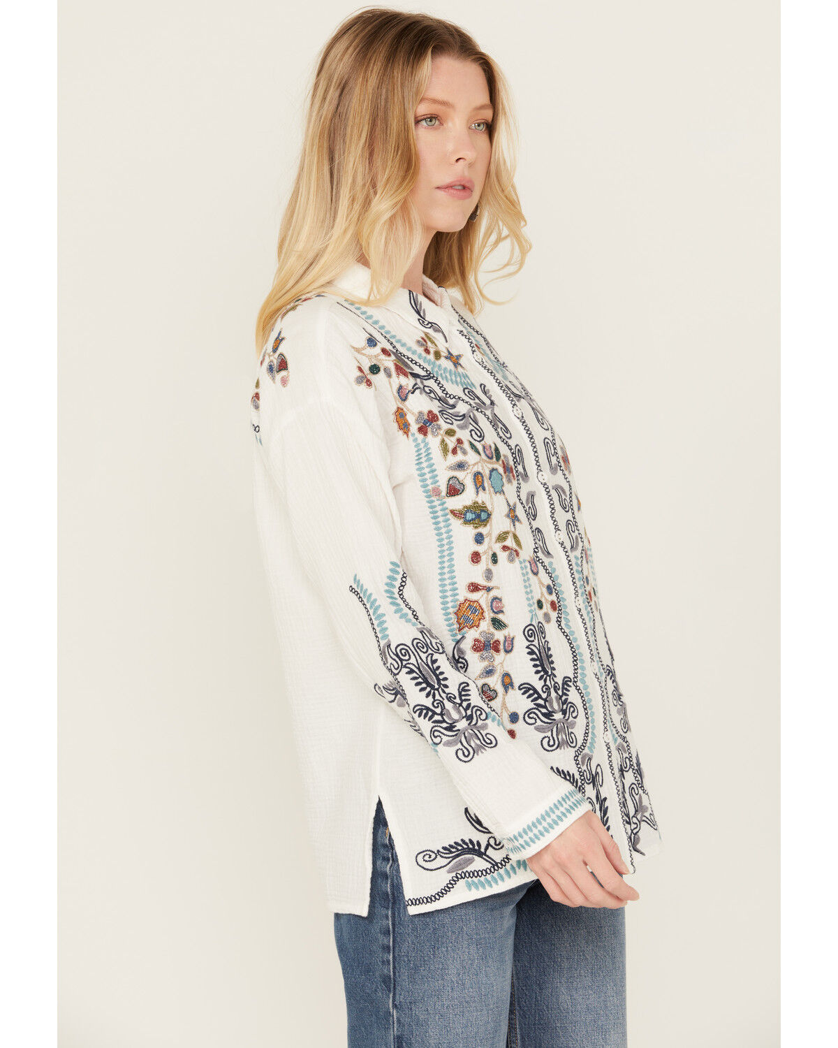 Image #2 - Johnny Was Women's Embroidered Long Sleeve Button-Down Shirt, White, hi-res