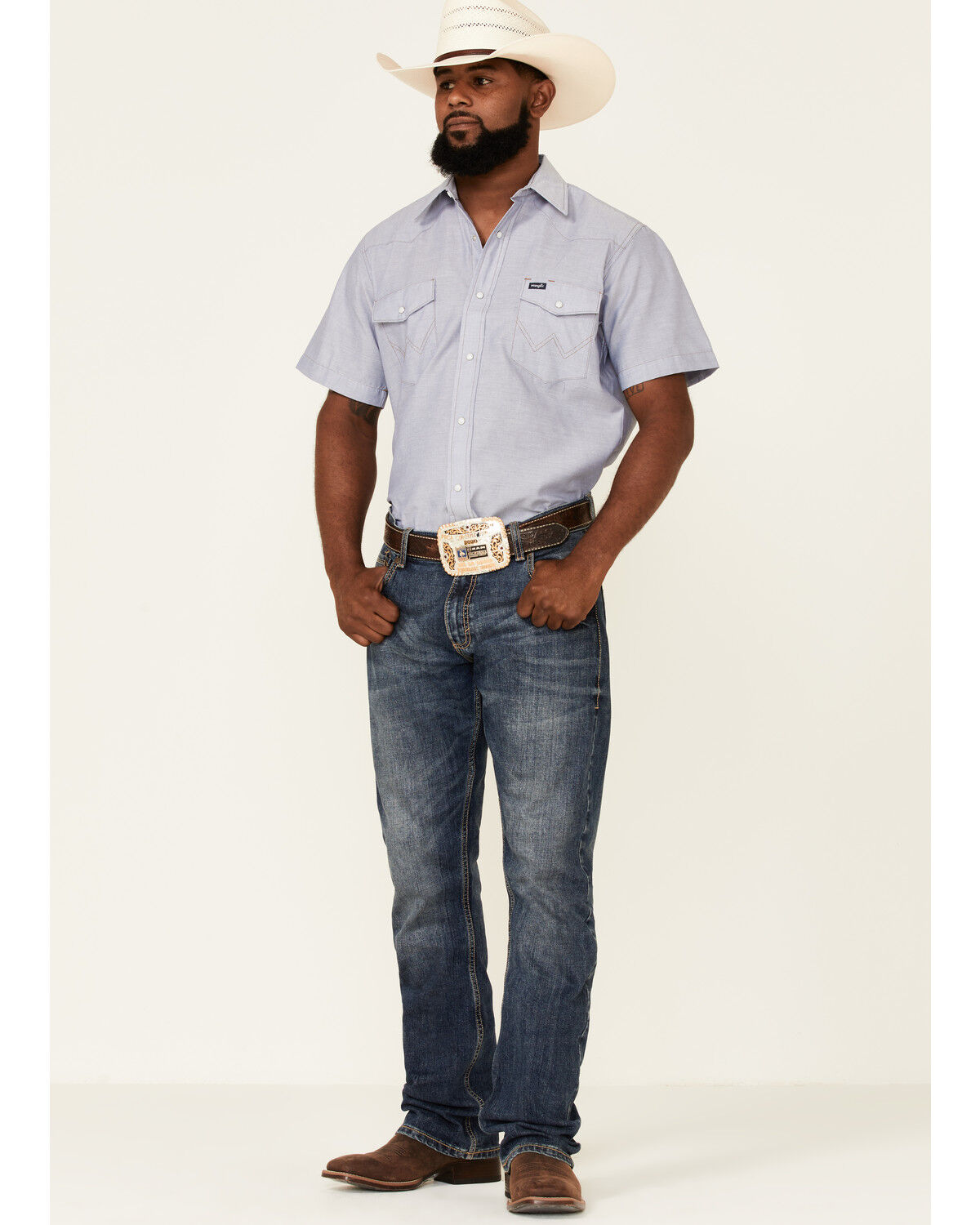 Image #2 - Wrangler Men's Chambray Rigid Cowboy Cut Short Sleeve Pearl Snap Work Shirt, Blue, hi-res