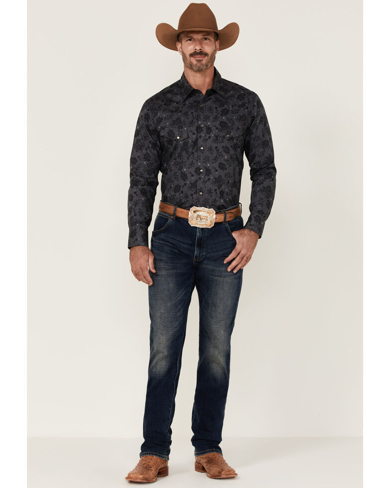 Rock & Roll Denim Men's Charcoal Distressed Floral Print Long Sleeve Snap Western Shirt, Charcoal, hi-res