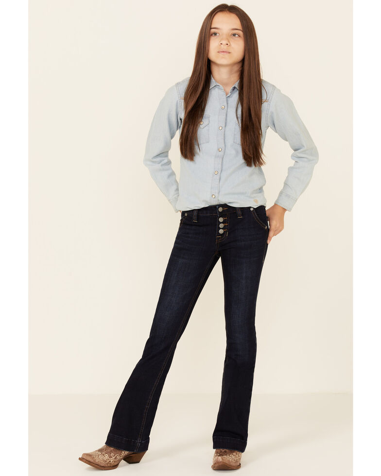 Rock & Roll Denim Girls' Dark Wash Stretch Button Trouser Jeans , Dark Blue, hi-res
