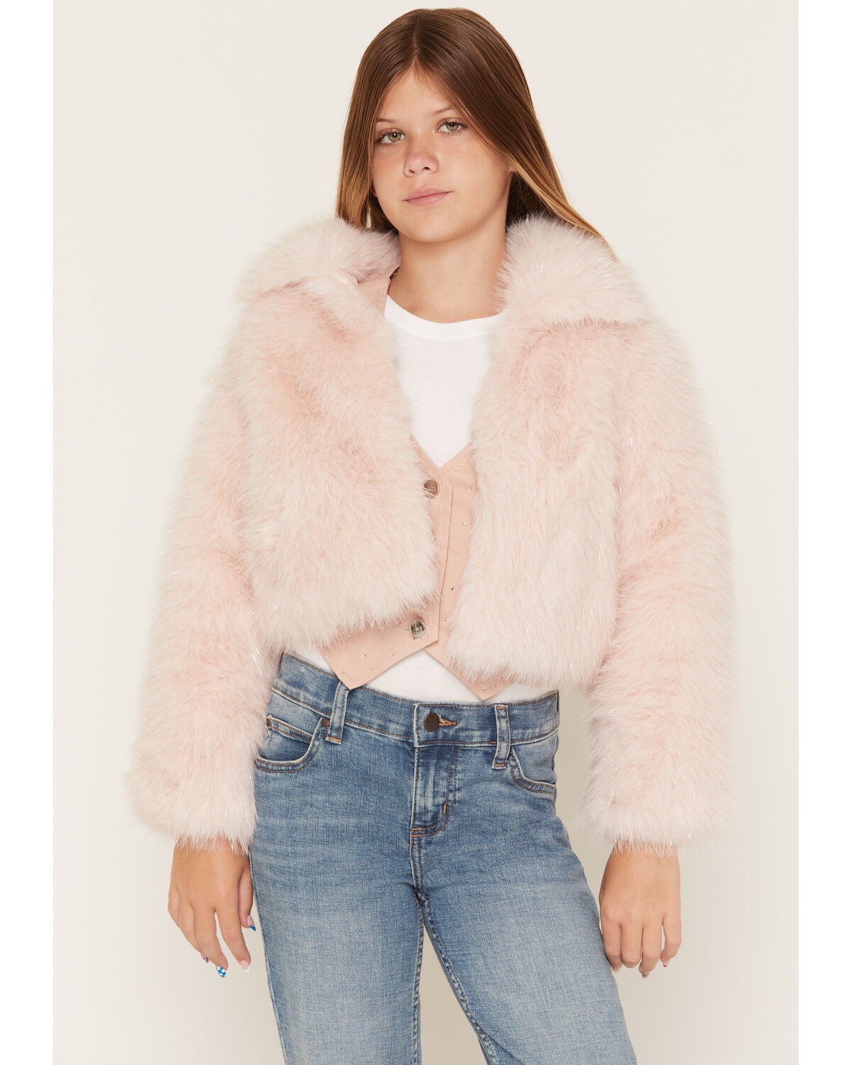 Shyanne Girls' Polar Bluff Faux Fur Sparkle Jacket, Blush, hi-res