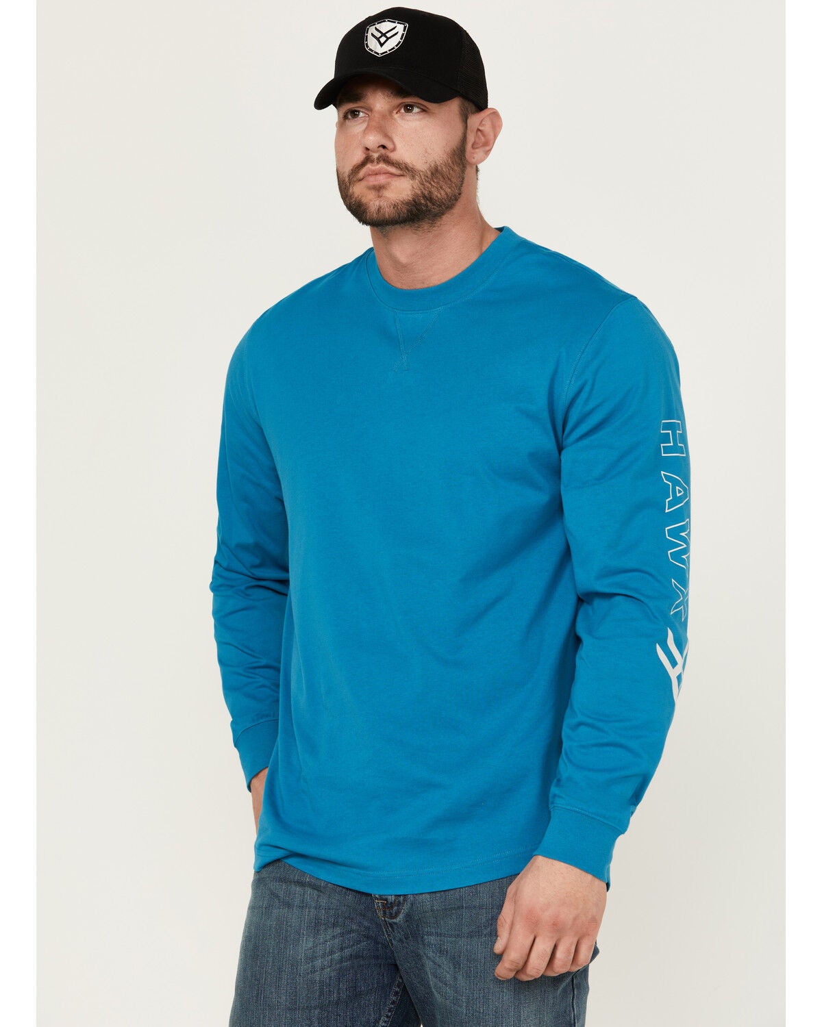 Hawx Men's Long Sleeve Knit Solid Logo Long Sleeve Work T-Shirt - Tall, Teal, hi-res