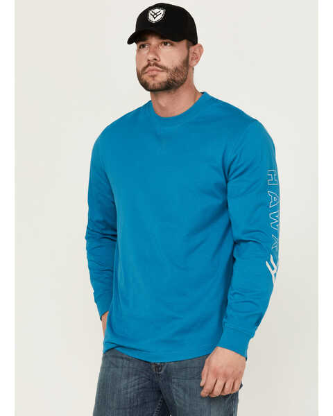 Image #1 - Hawx Men's Long Sleeve Knit Solid Logo Long Sleeve Work T-Shirt - Tall , Teal, hi-res