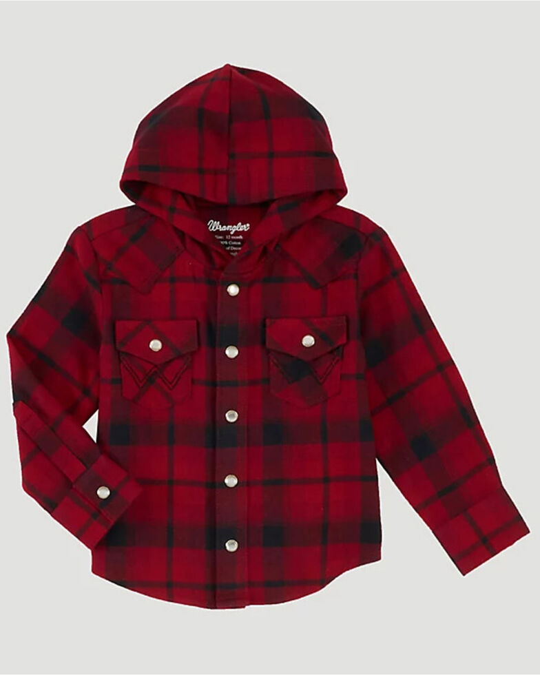 Wrangler Infant Boys' Red Plaid Hooded Long Sleeve Shirt, Red, hi-res