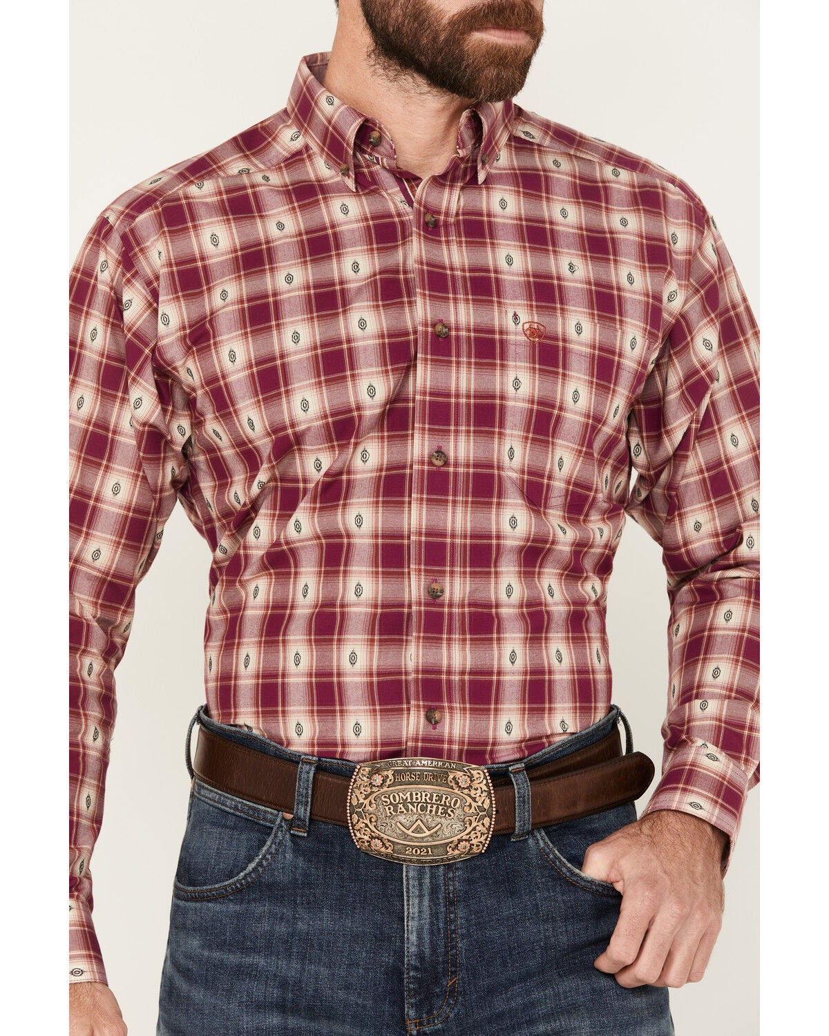 Image #3 - Ariat Men's Seamus Plaid Southwestern Print Long Sleeve Button-Down Western Shirt, Magenta, hi-res