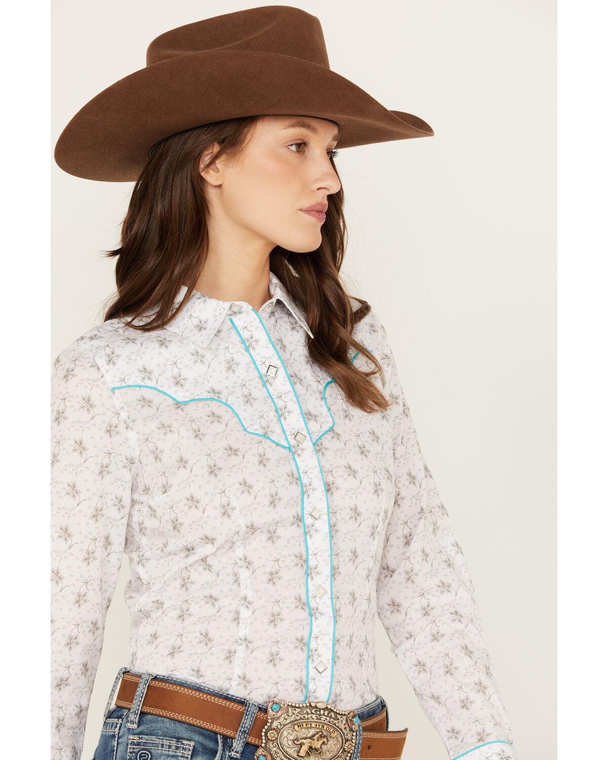 Image #2 - Rock & Roll Denim Women's Floral Long Sleeve Pearl Snap Western Shirt, White, hi-res