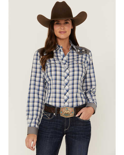 Roper Women's Plaid Print Long Sleeve Western Pearl Snap Shirt, Blue, hi-res