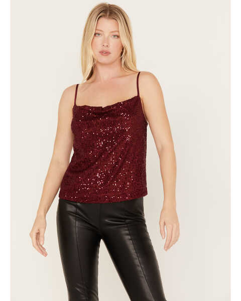 Image #1 - By Together Women's Sequin Cowl Neck Tank, Burgundy, hi-res