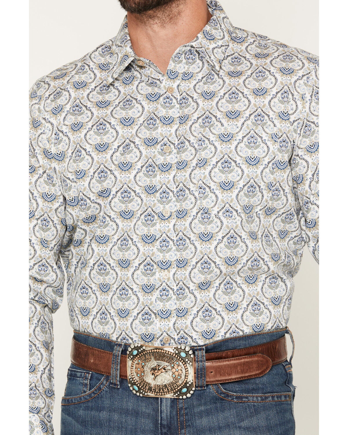 Image #3 - Gibson Trading Co Men's Barely Broke Medallion Print Long Sleeve Button-Down Western Shirt, Blue, hi-res