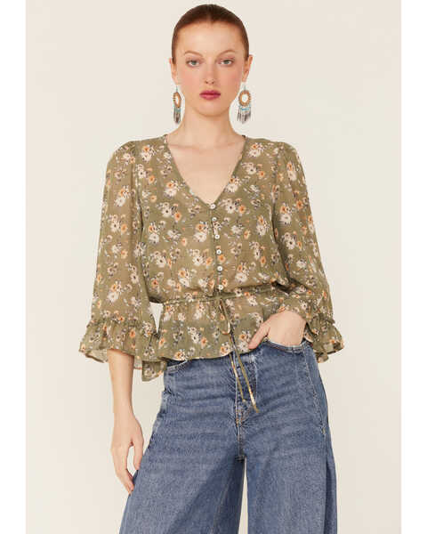 Image #1 - Wild Moss Women's Olive Floral Chiffon Bell Sleeve Blouse, Olive, hi-res