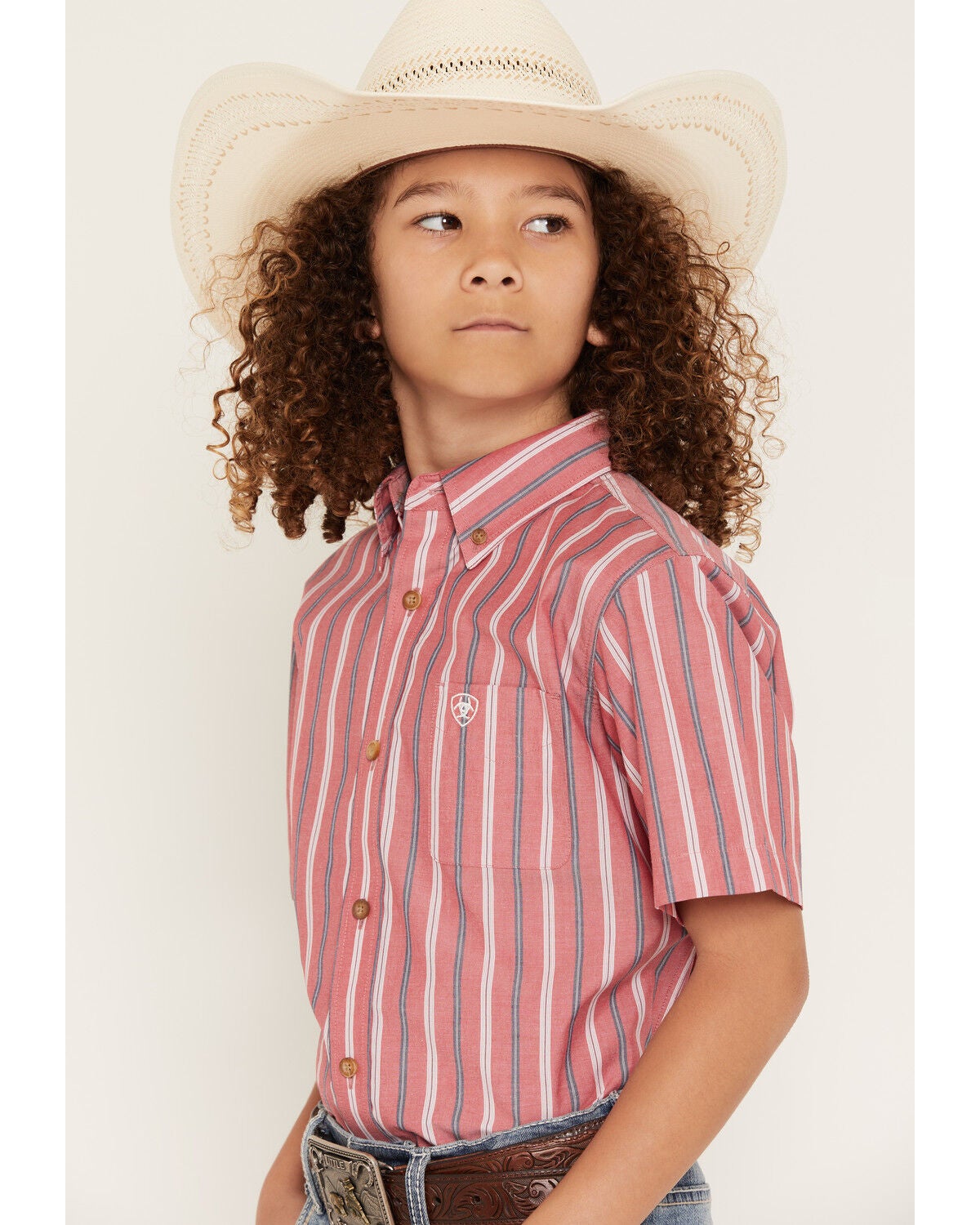 Image #2 - Ariat Boys' Striped Short Sleeve Button-Down Western Shirt, Red, hi-res