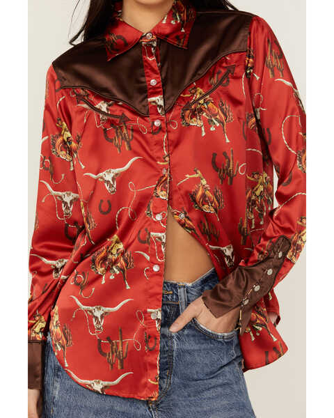 Image #3 - Rodeo Quincy Women's Horse Print Long Sleeve Pearl Snap Western Shirt , Red, hi-res