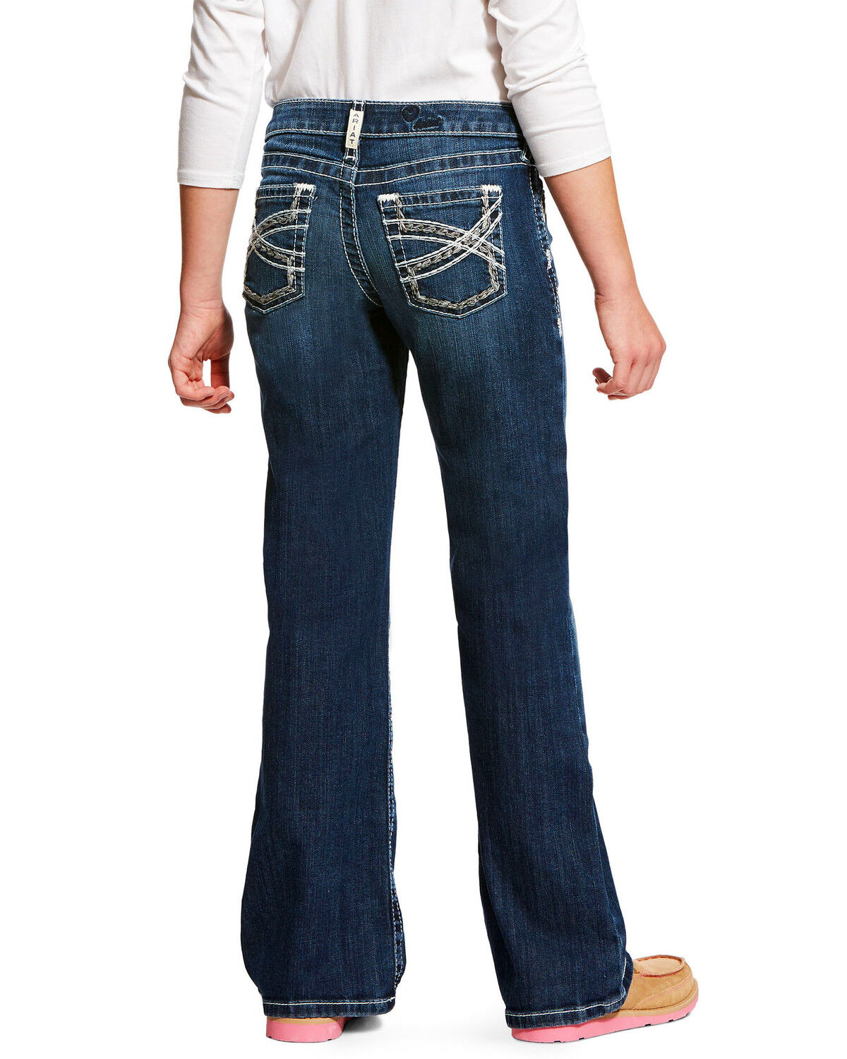 Image #1 - Ariat Girls' Dark Wash Entwined Dresden Stretch Slim Bootcut Jeans, Indigo, hi-res
