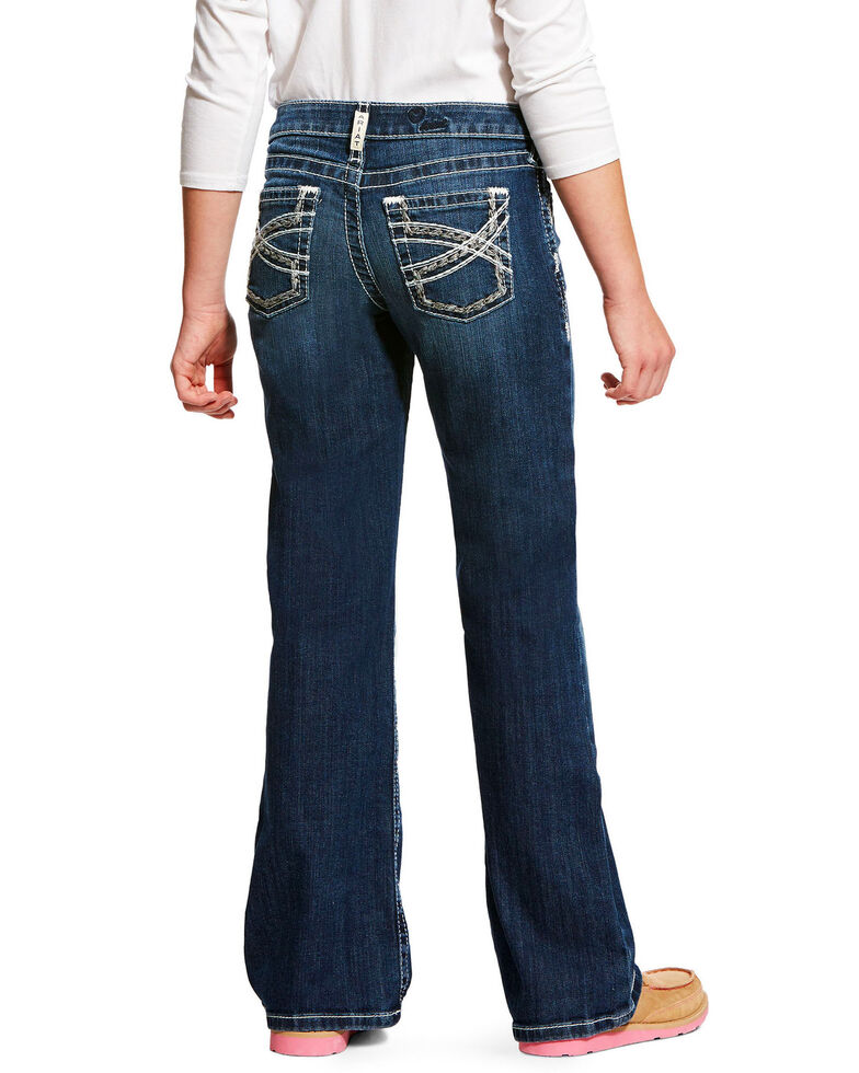 Ariat Girls' R.E.A.L Dark Wash Entwined Dresden Stretch Slim Bootcut Jeans , Indigo, hi-res