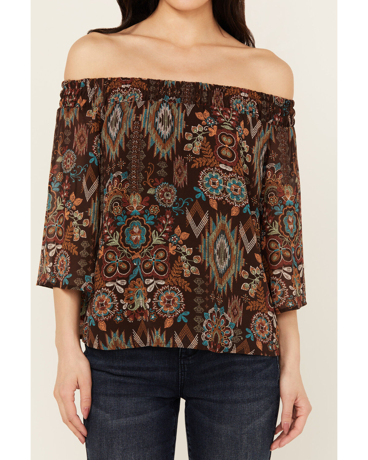Image #3 - Shyanne Women's Printed Off The Shoulder Peasant Top, Dark Brown, hi-res