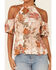 Shyanne Women's Floral Print Cold Shoulder Flounce Short Sleeve Top, Tan, hi-res
