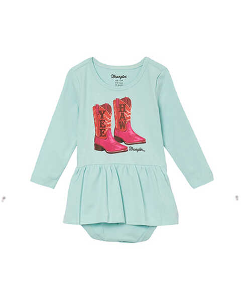 Image #1 - Wrangler Infant Girls' Yeehaw Boots Long Sleeve Skirt Onesie , Light Blue, hi-res