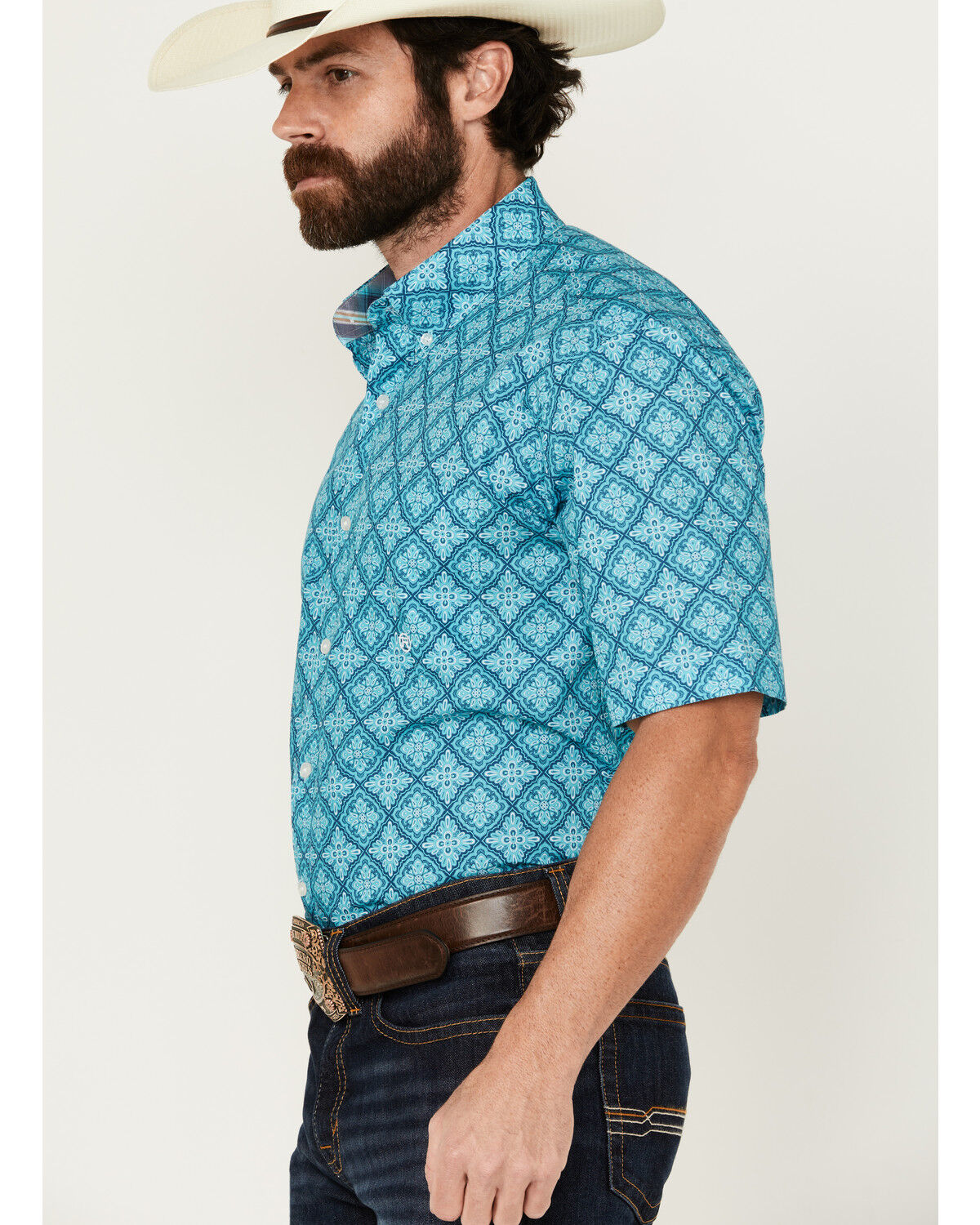 Image #2 - Roper Men's Amarillo Medallion Print Short Sleeve Button-Down Western Shirt, Turquoise, hi-res