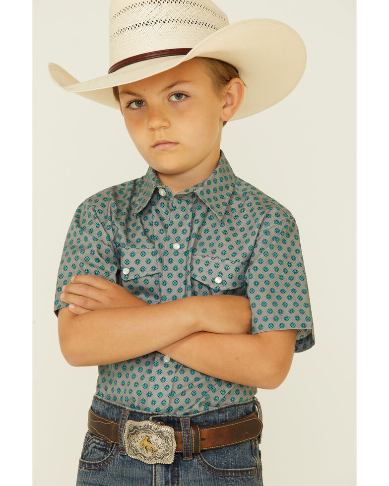 Roper Boys' Jade Quarry Quartefoil Geo Print Long Sleeve Snap Western Shirt , Grey, hi-res