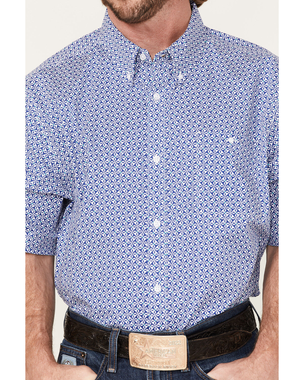 Image #3 - RANK 45® Men's Troubador Geo Print Short Sleeve Button-Down Western Shirt, Blue, hi-res