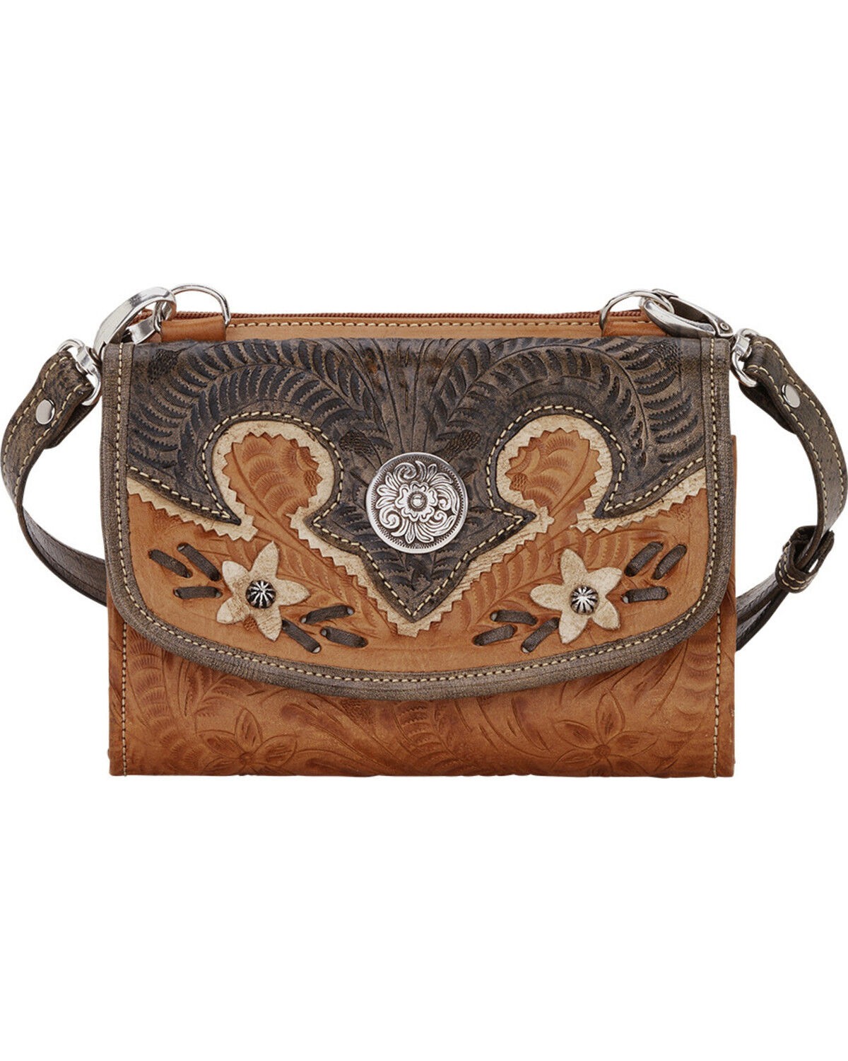 Image #1 - American West Tan Desert Wildflower Small Crossbody Bag/Wallet, Tan, hi-res