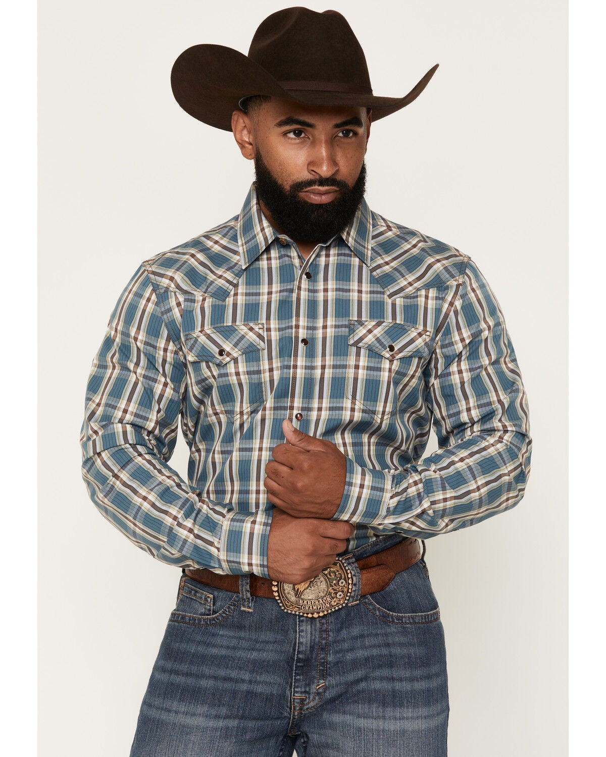 Image #1 - Cody James Men's Niagara Falls Plaid Print Long Sleeve Snap Western Shirt, Blue, hi-res