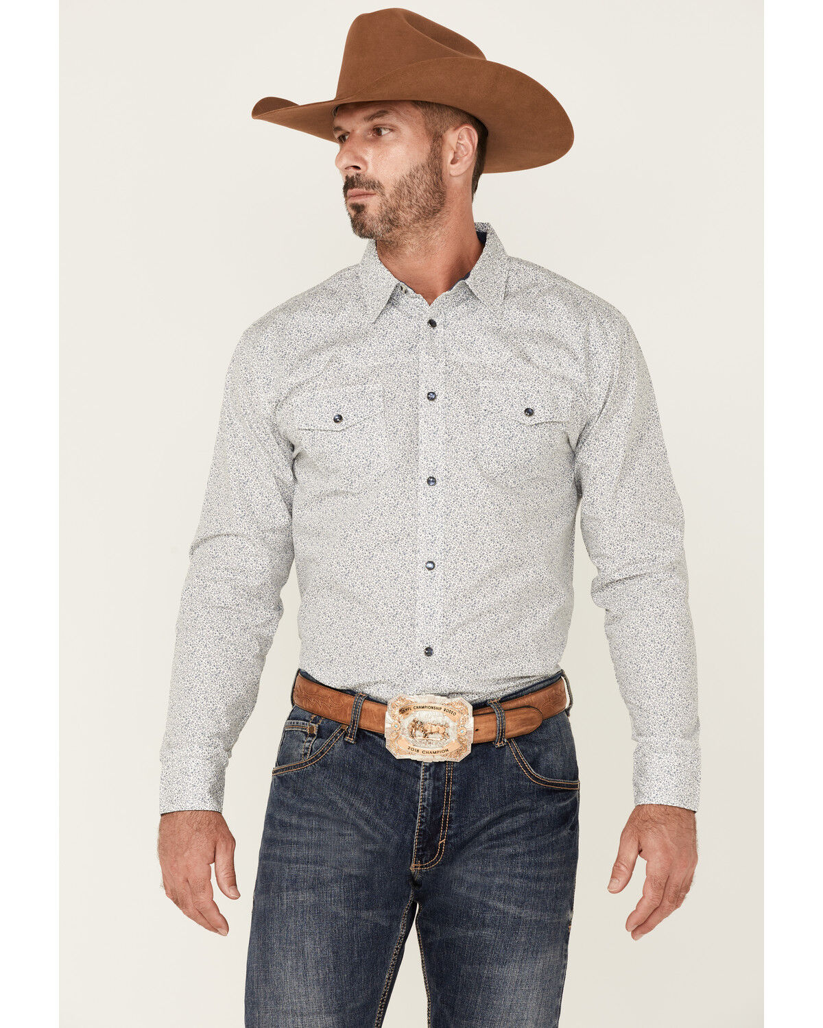 Image #1 - Moonshine Spirit Men's Route 95 Mini Floral Print Long Sleeve Snap Western Shirt, White, hi-res