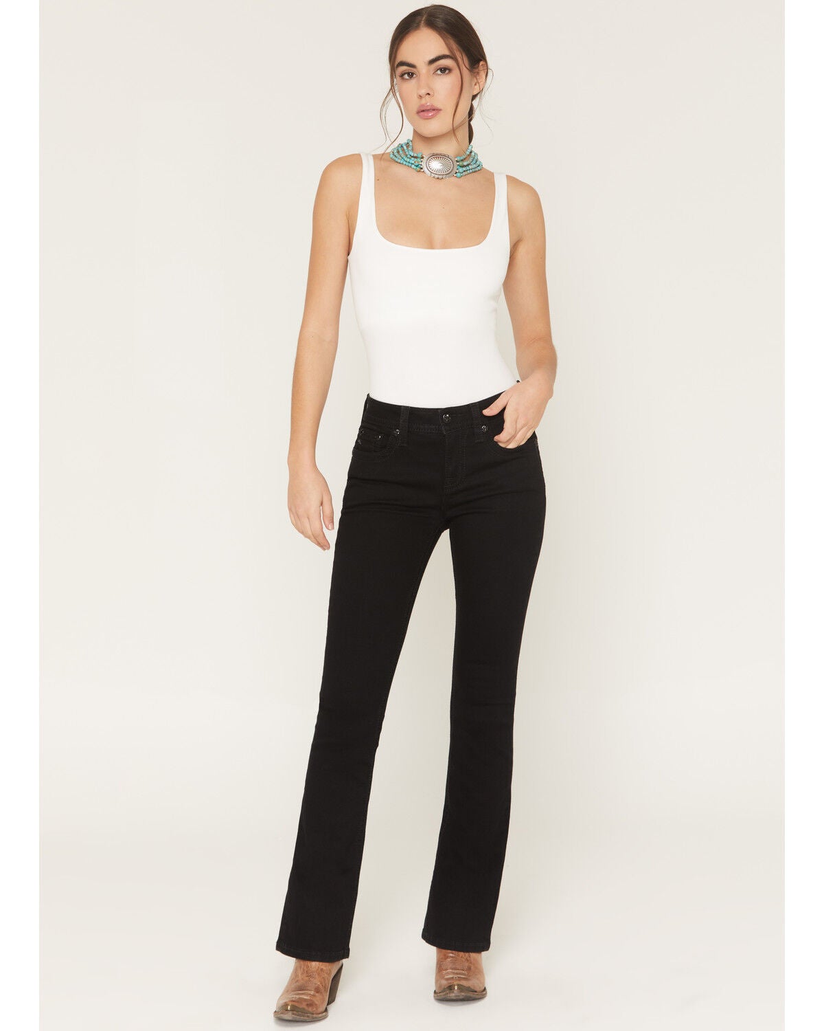 Image #3 - Miss Me Women's Mid Rise Embroidered Pocket 32" Bootcut Stretch Denim Jeans, Black, hi-res