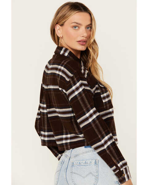 Image #4 - Cleo + Wolf Women's Cropped Plaid Print Flannel Shirt , Chocolate, hi-res