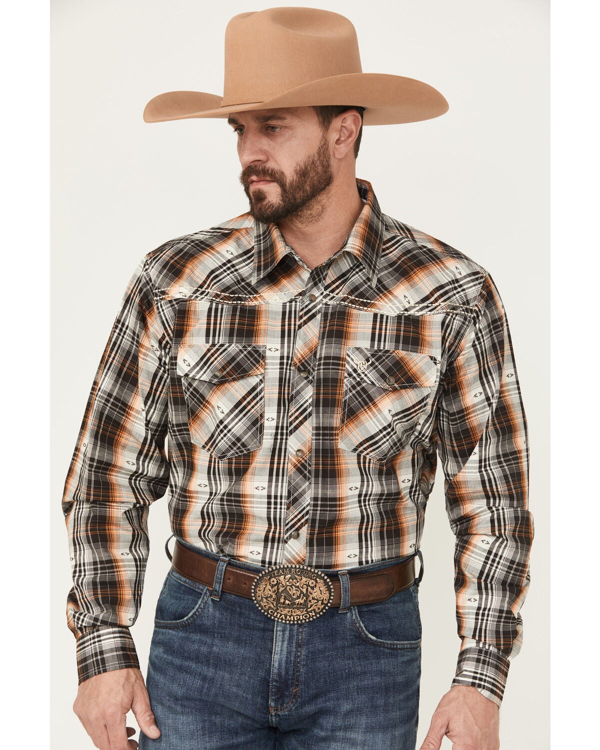Image #1 - Cowboy Hardware Men's Plaid Print Long Sleeve Snap Stretch Western Shirt, Dark Brown, hi-res