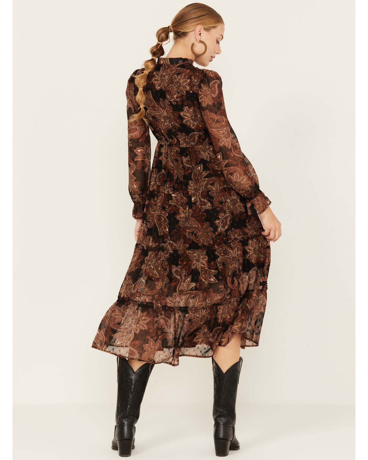 Image #4 - Wild Moss Women's Floral Pais Print Long Sleeve Midi Dress, Dark Brown, hi-res