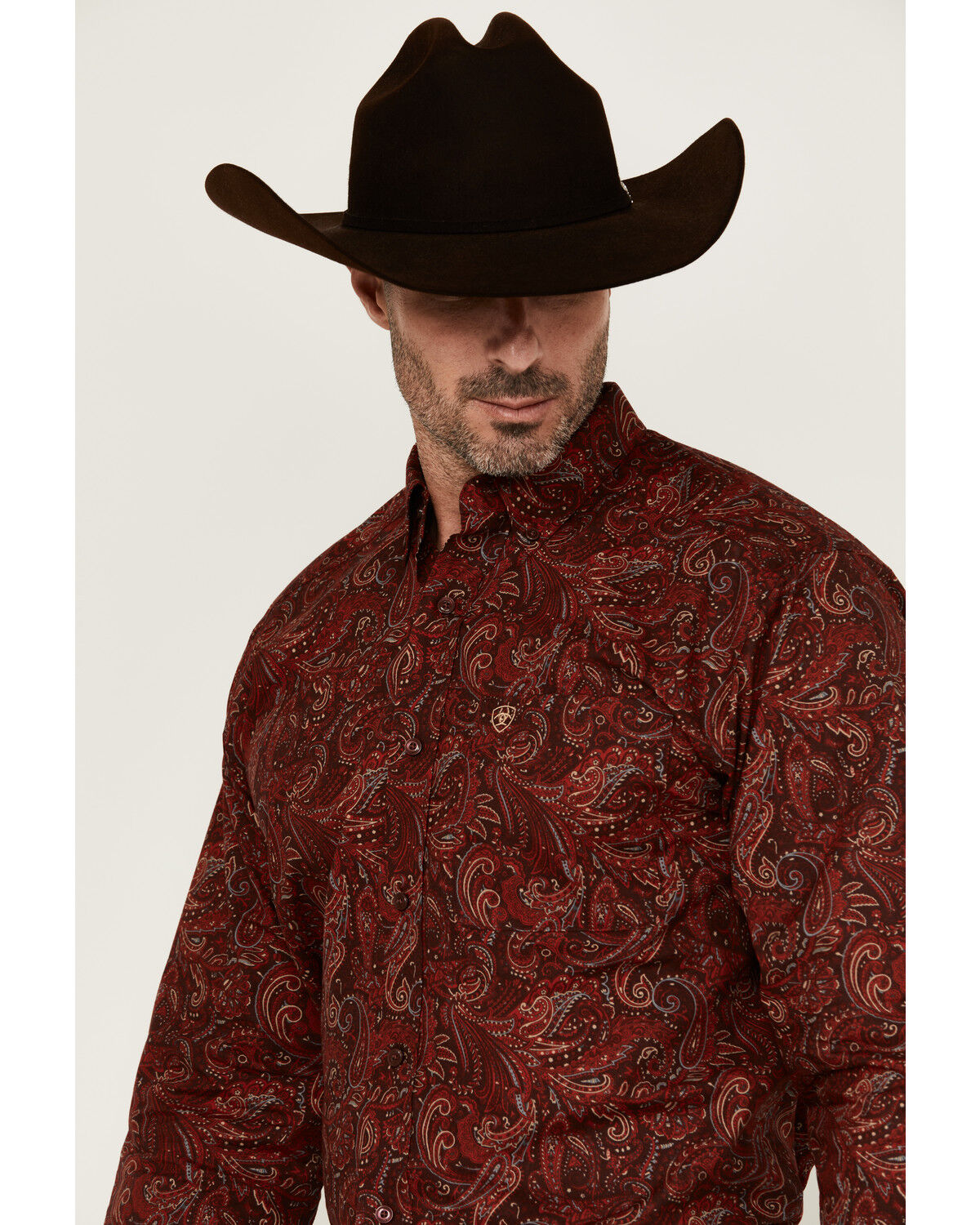 Image #2 - Ariat Men's Jaydon Paisley Print Long Sleeve Button-Down Western Shirt - Tall, Burgundy, hi-res