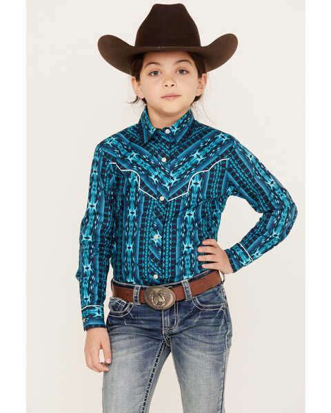 Rock & Roll Denim Girl's Southwestern Print Long Sleeve Snap Western Shirt, Teal, hi-res