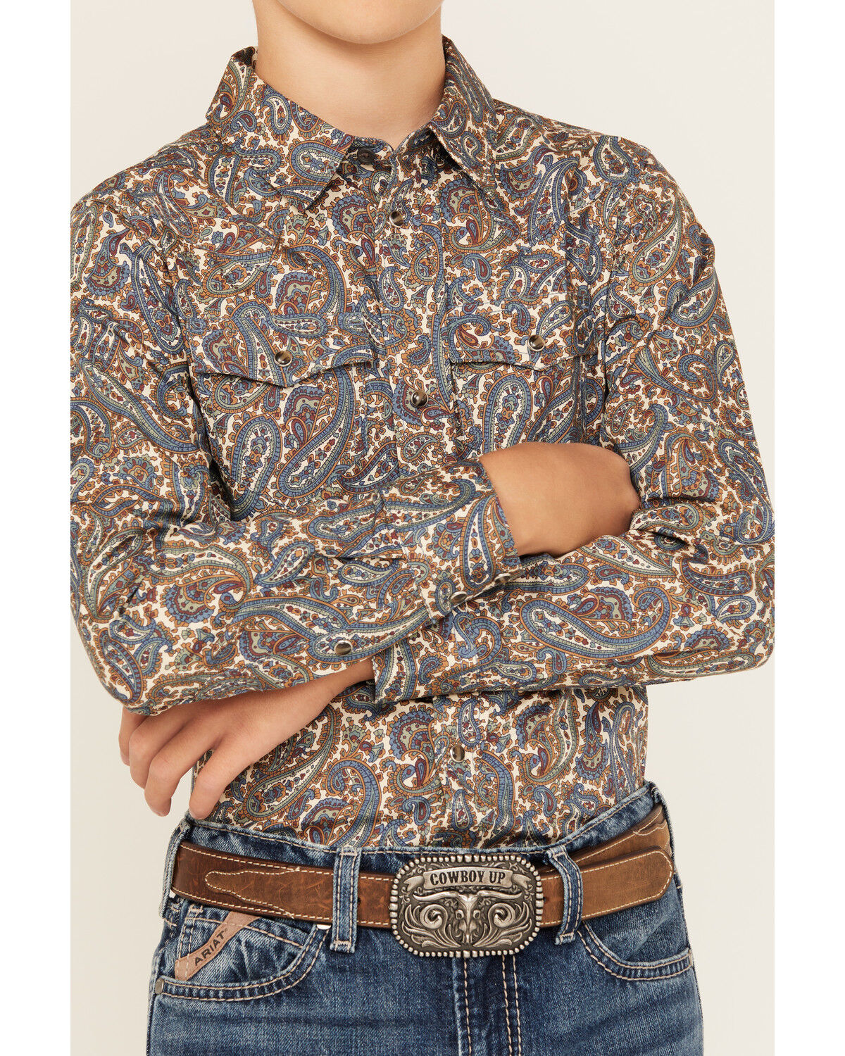 Image #3 - Cody James Boys' Madera Paisley Print Long Sleeve Snap Western Shirt, Blue, hi-res