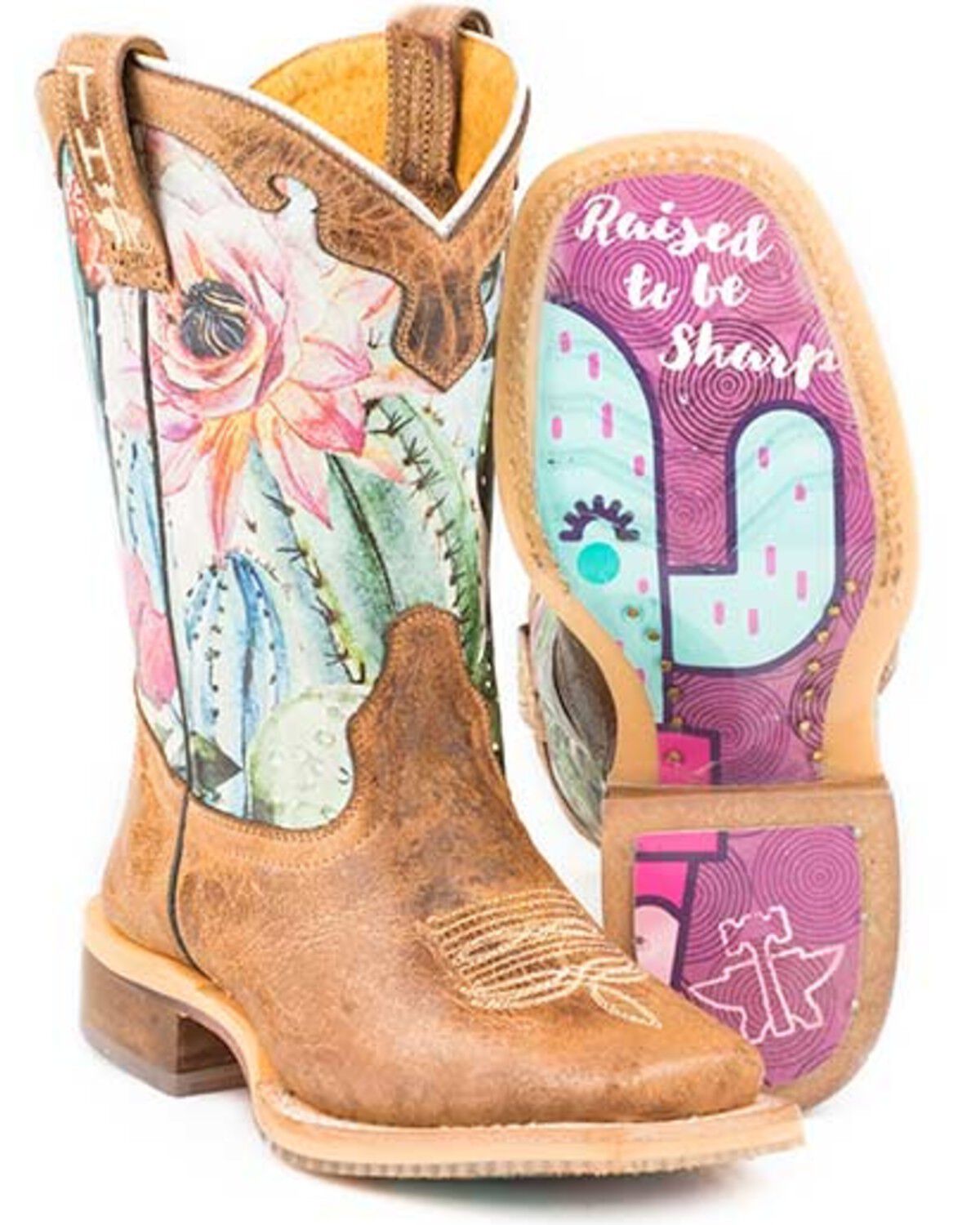Image #3 - Tin Haul Girls' Cactilicious Embroidered Western Boots - Square Toe, Brown, hi-res