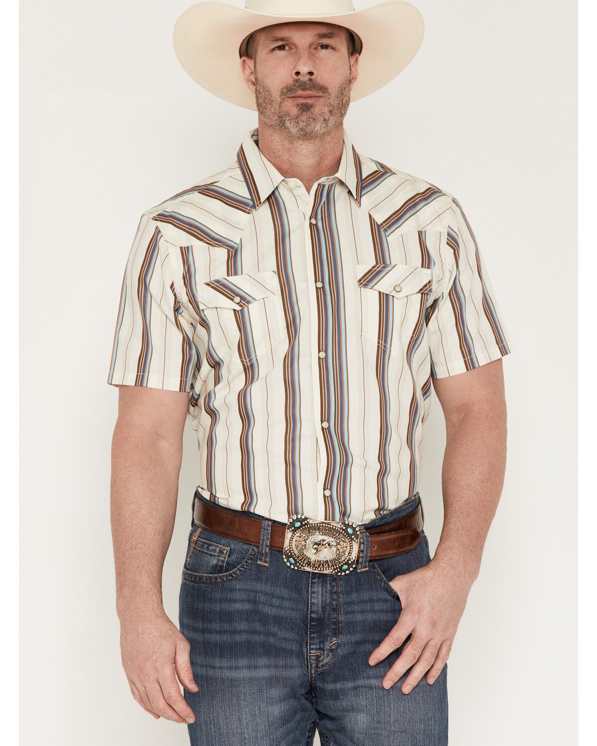 Image #1 - Cody James Men's Bootlegger Stripe Print Short Sleeve Snap Western Shirt, Cream, hi-res