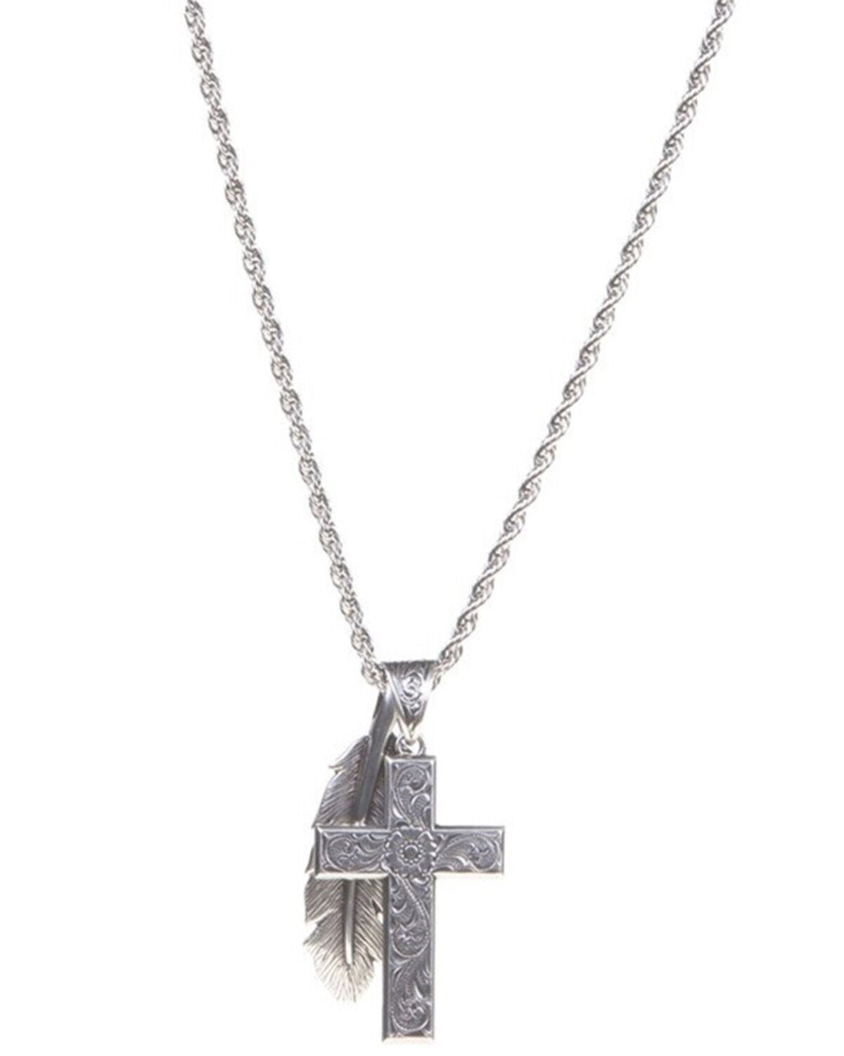 Twister Men's Silver Cross and Feather Pendant Necklace, Silver, hi-res